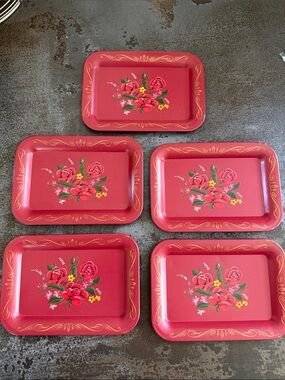Hand painted rose 🌹 5x7 inch metal trays dish trinket set of 5